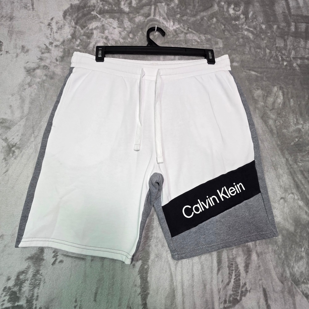 Calvin Klein Mens Fleece Shorts White Grey Black Logo Colorblock Size L